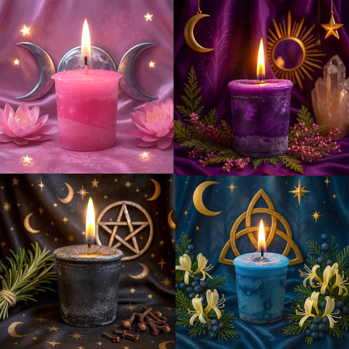Collage of four images featuring candles with wiccan symbols and elements.