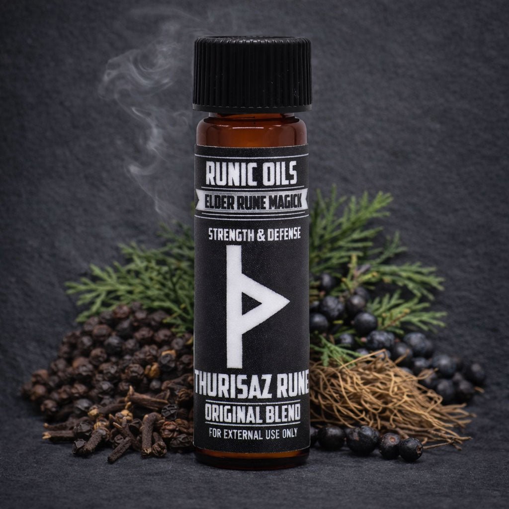 Runic oils bottle with herbs and spices on a dark background