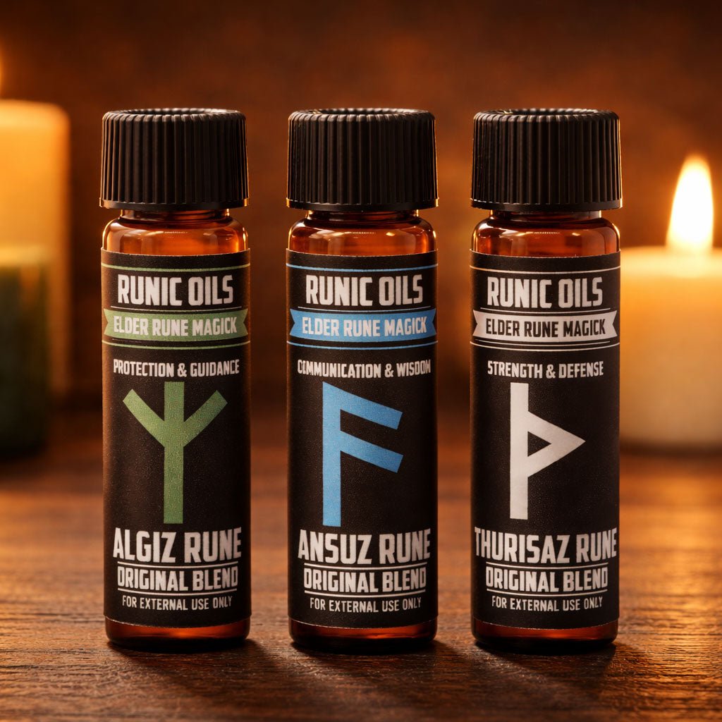 Three bottles of Runic Oils with rune symbols on a wooden surface.