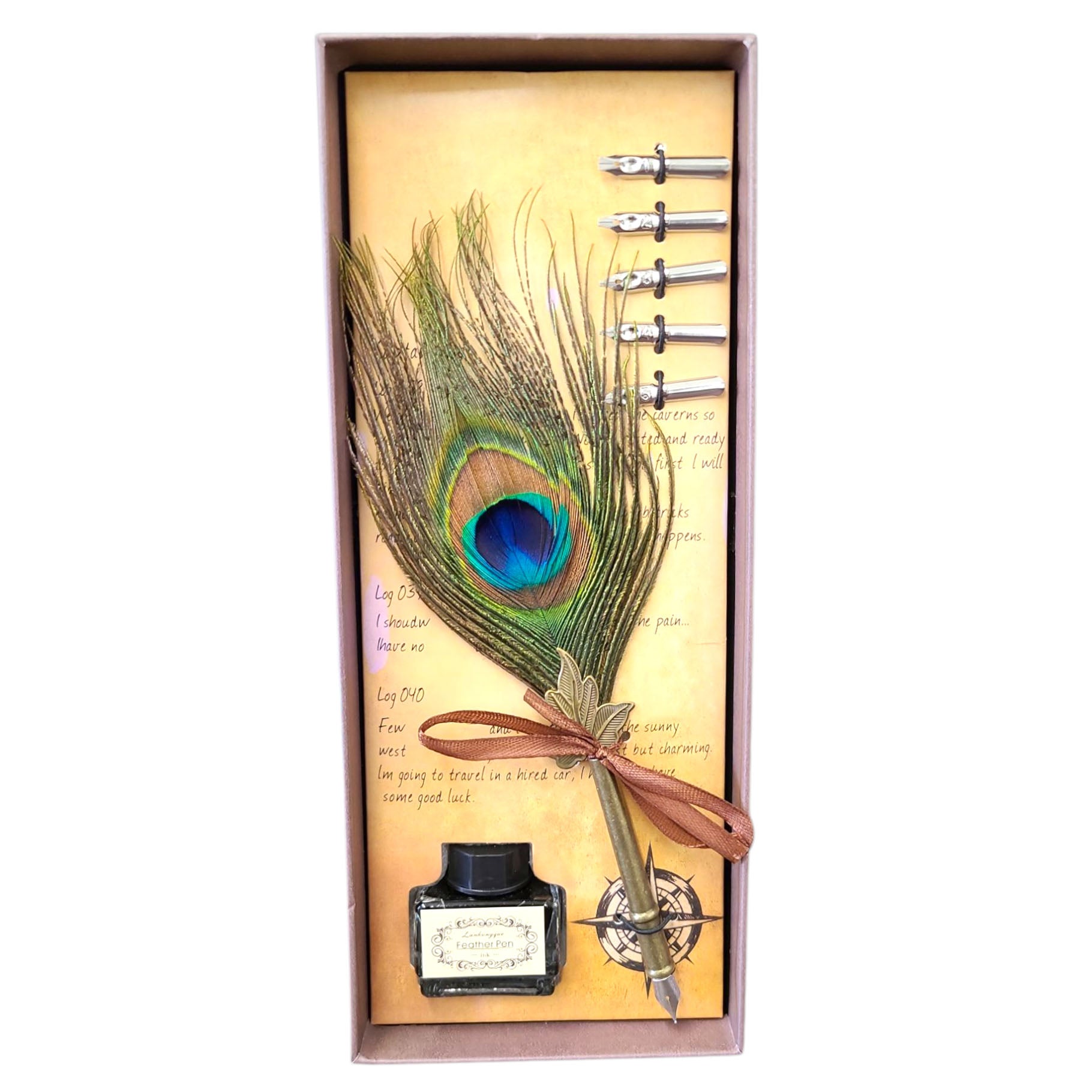 Peacock Feather Quill Pen Dip Set