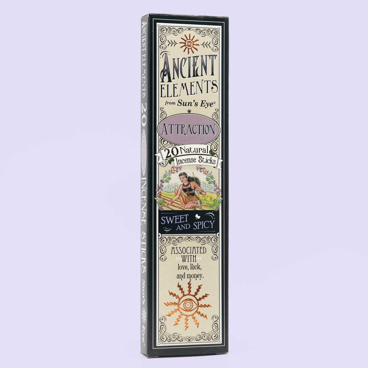 Pack of 'Ancient Elements' incense sticks on a light purple background
