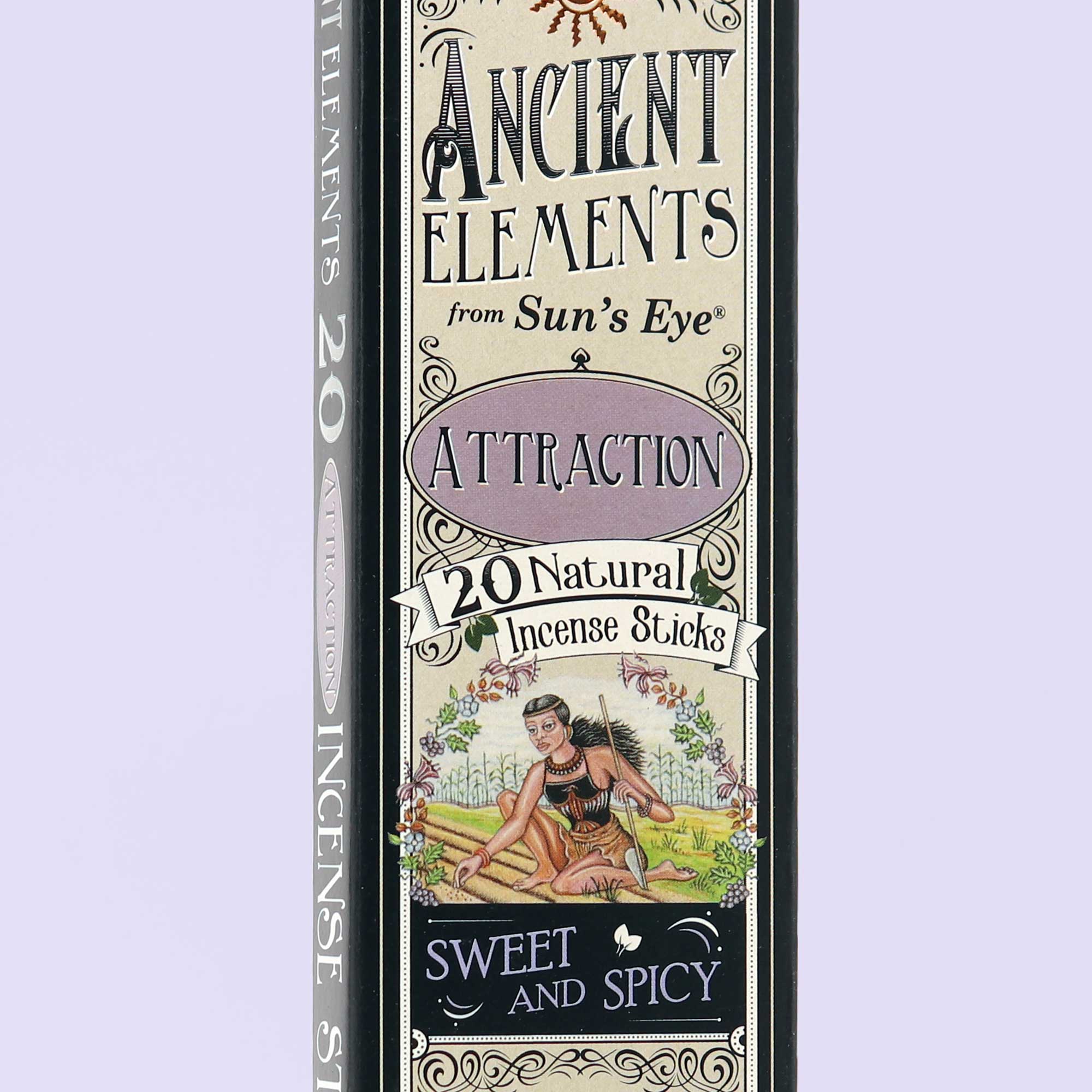 Pack of 'Ancient Elements' incense sticks on a light purple background