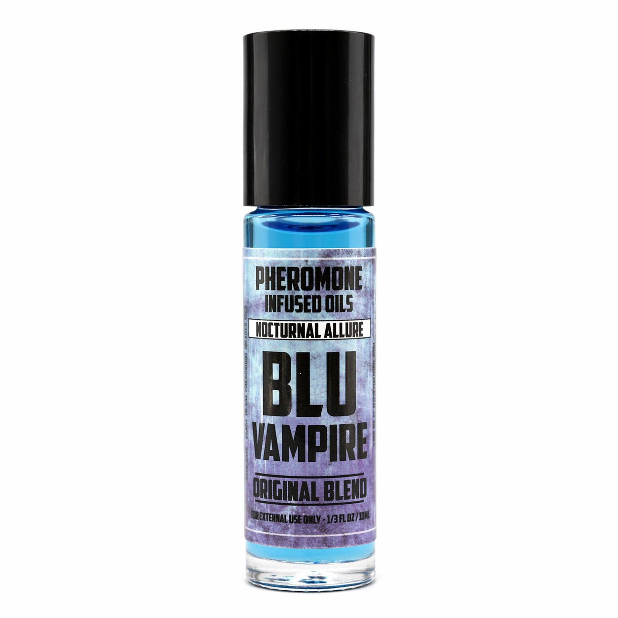 Bottle of Blu Vampire Pheromone Infused Oils on a white background