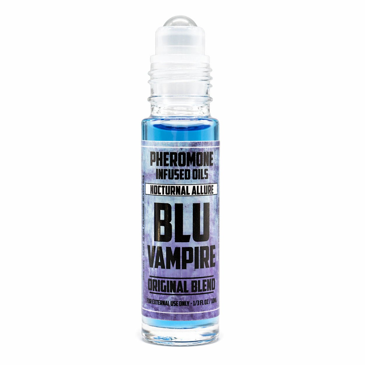 Roll-on bottle of BLU Vampire Pheromone Infused Oils on a white background