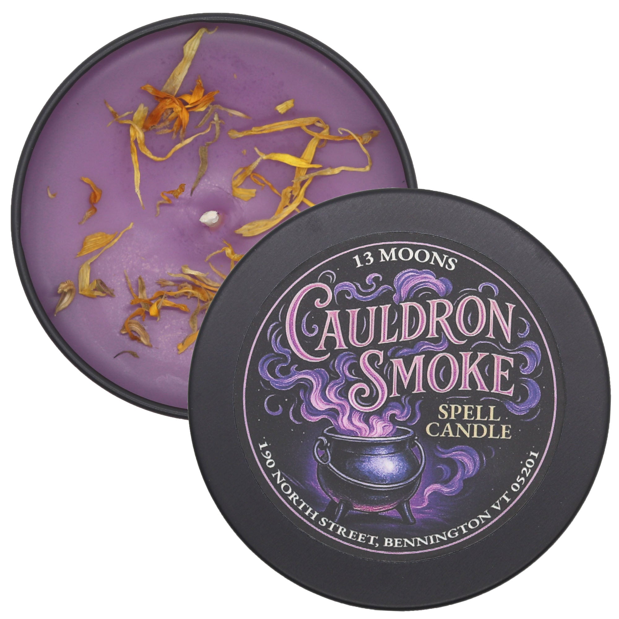 Cauldron Smoke Spell Candle with purple label and decorative elements on a white background