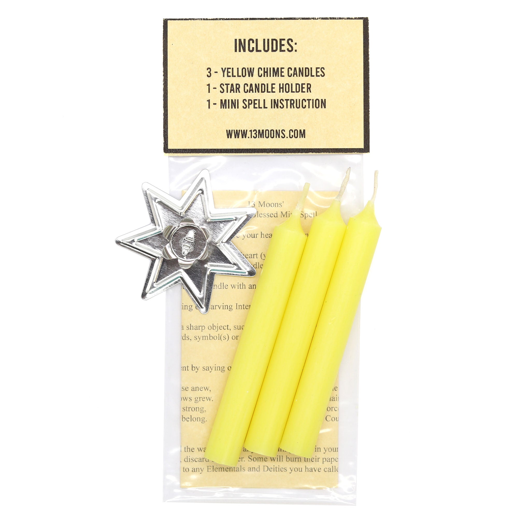 Yellow crime candles with a star candle holder and spell instructions in packaging.