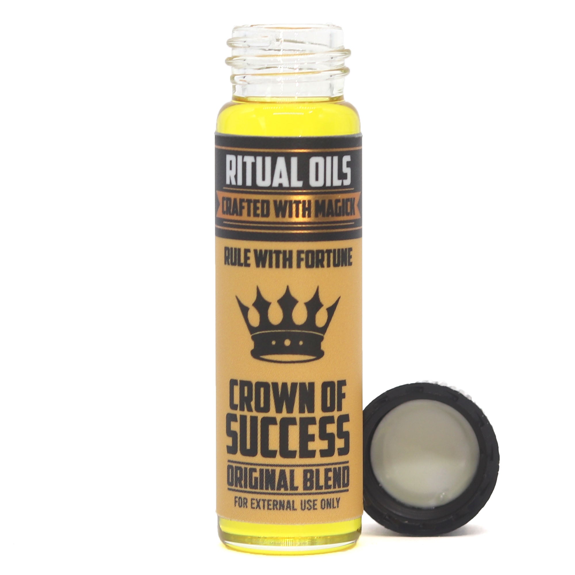 Bottle of 'Crown of Success' oil with a yellow liquid and black label on a white background