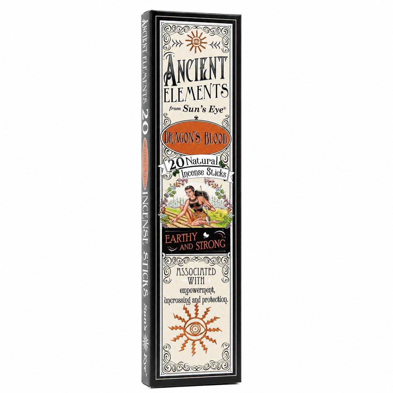 Box of 'Ancient Elements' Incense Sticks with decorative design and text on a white background
