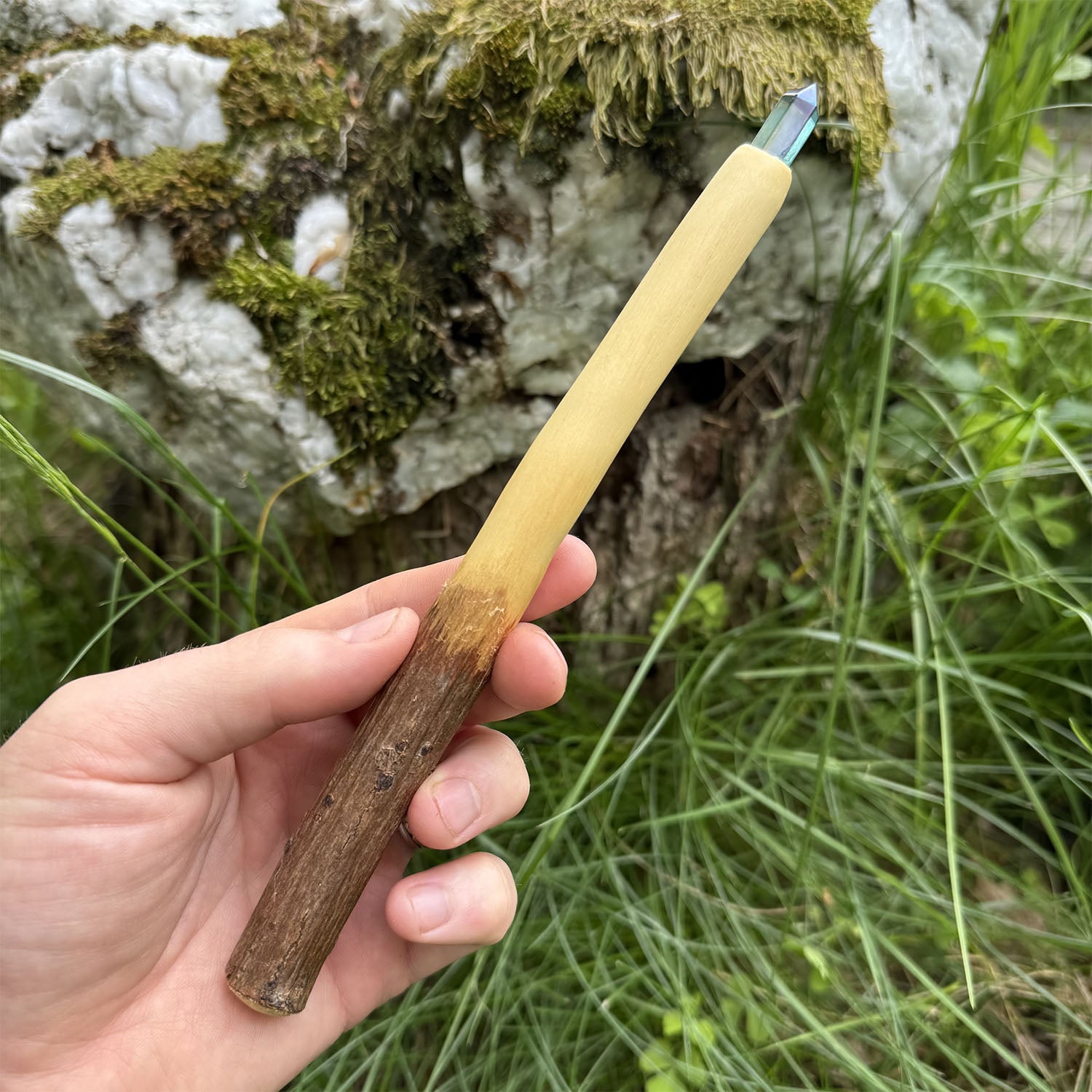 Elder Wood Wand 8 Inch with Aqua Aura Crystal Point