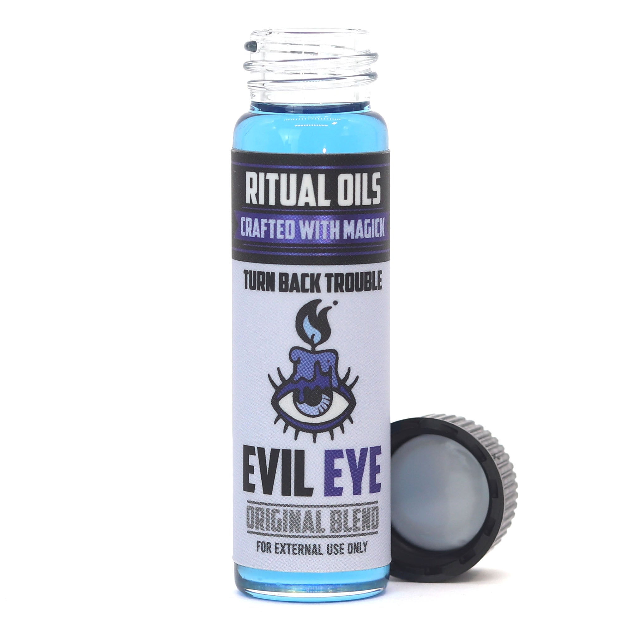Bottle of Ritual Oils with a label featuring 'Evil Eye' design on a white background