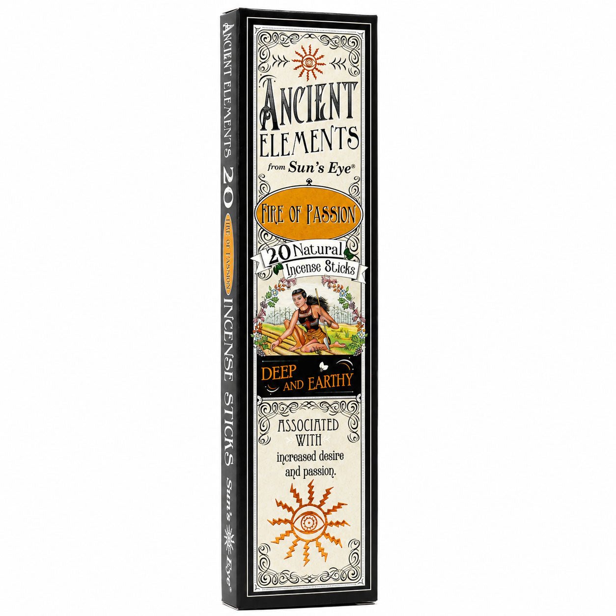 Box of Ancient Elements Incense Sticks with decorative design and text on a white background