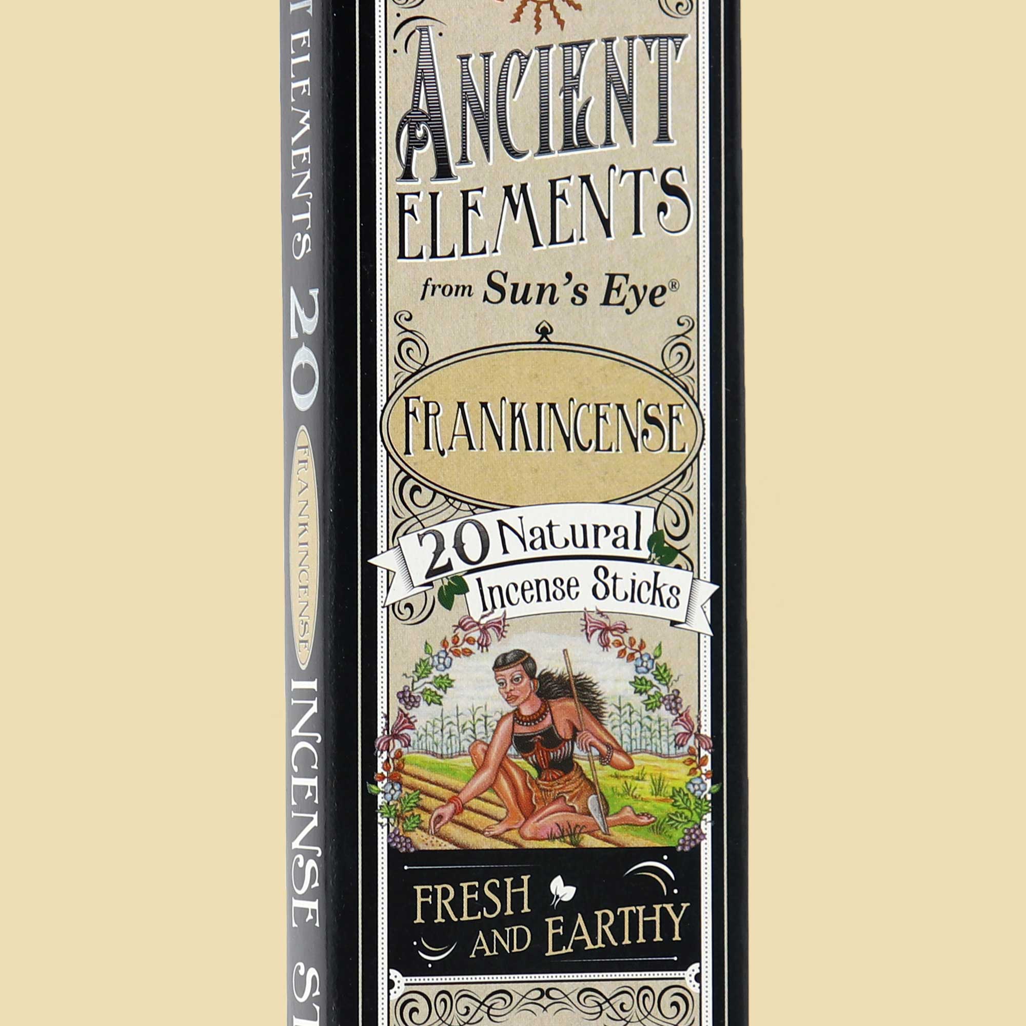 Packaging of Ancient Elements Frankincense incense sticks with decorative design and text.