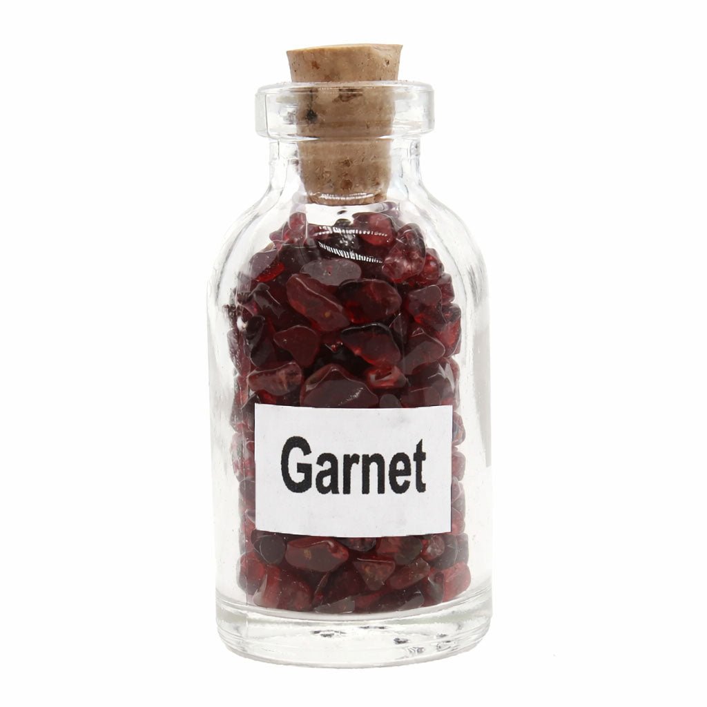 Garnet Crystal Chips in Glass Bottle