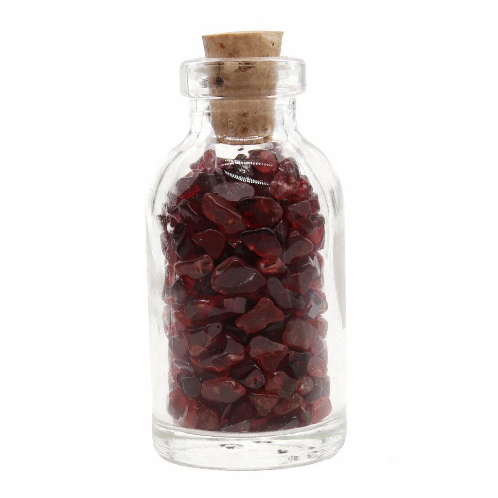 Garnet Crystal Chips in Glass Bottle