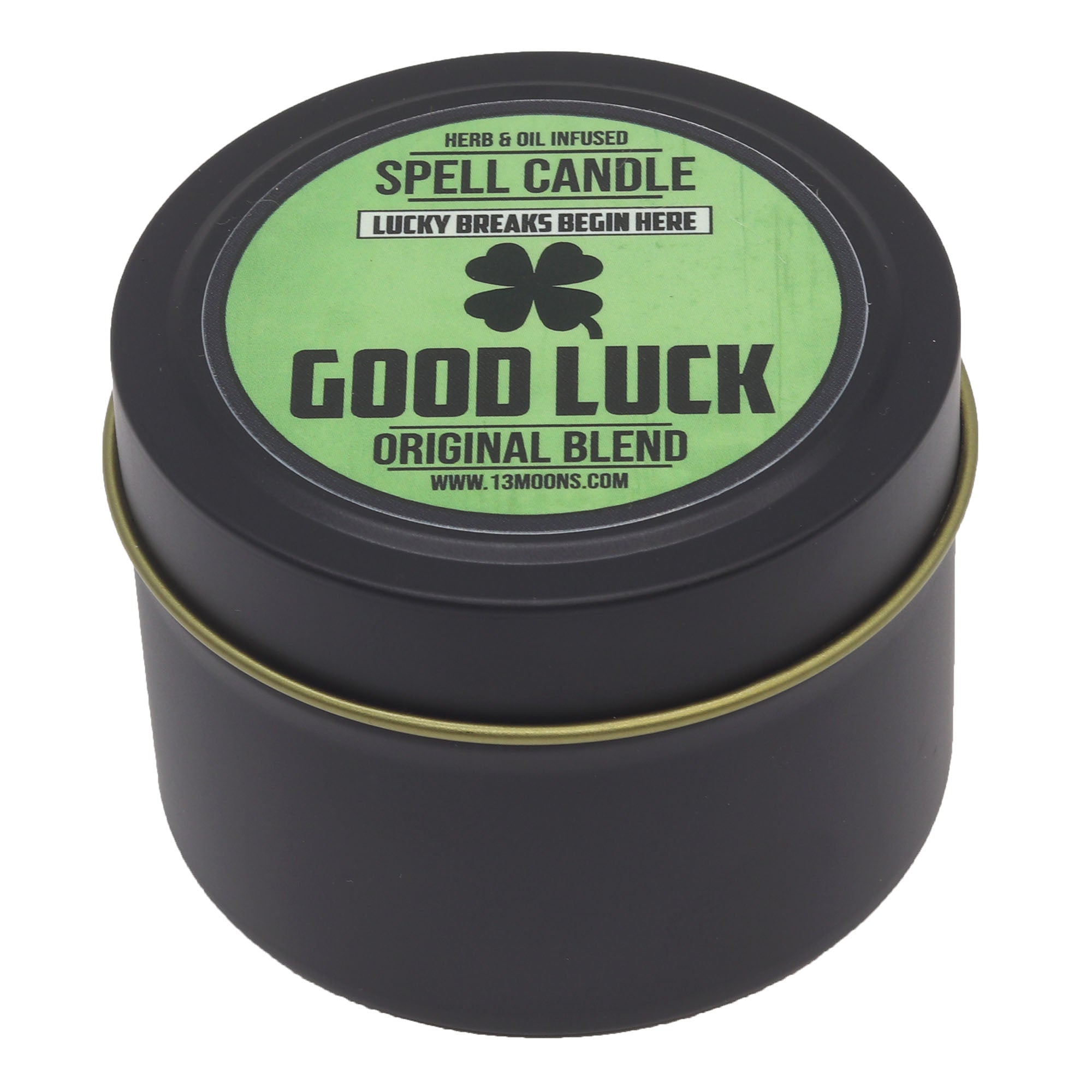 Good Luck spell candle in a black tin with green label