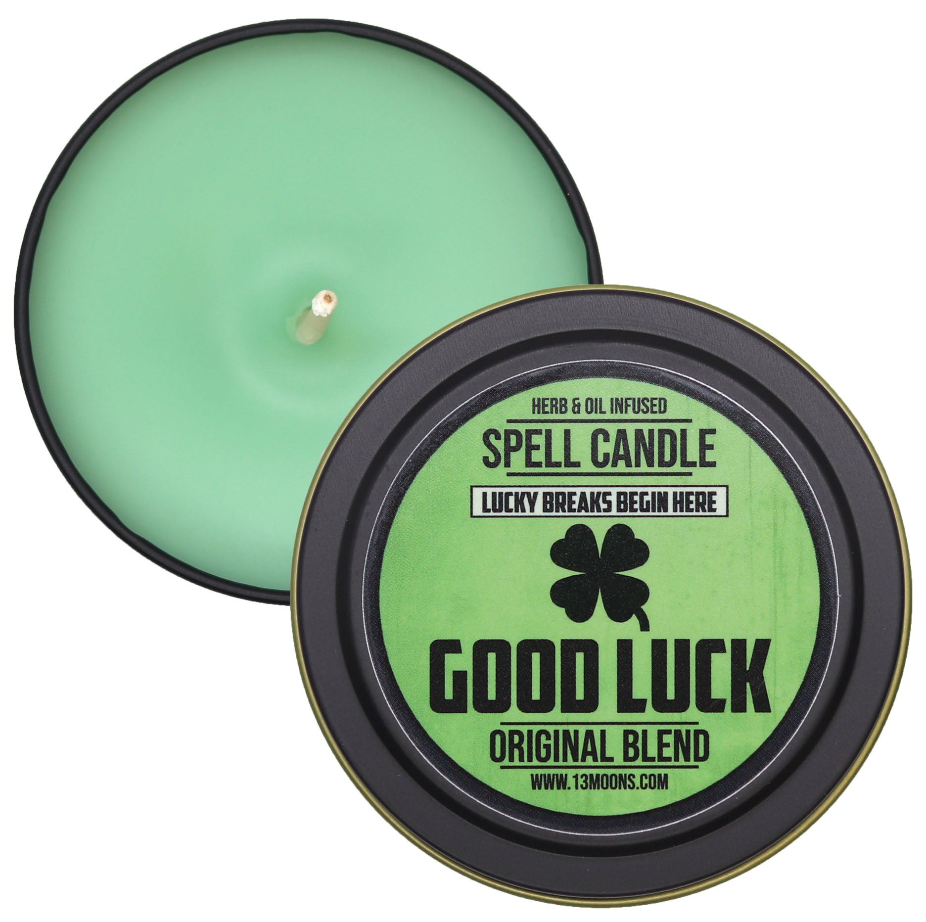 Green spell candle with 'Good Luck' label and clover symbol on a white background