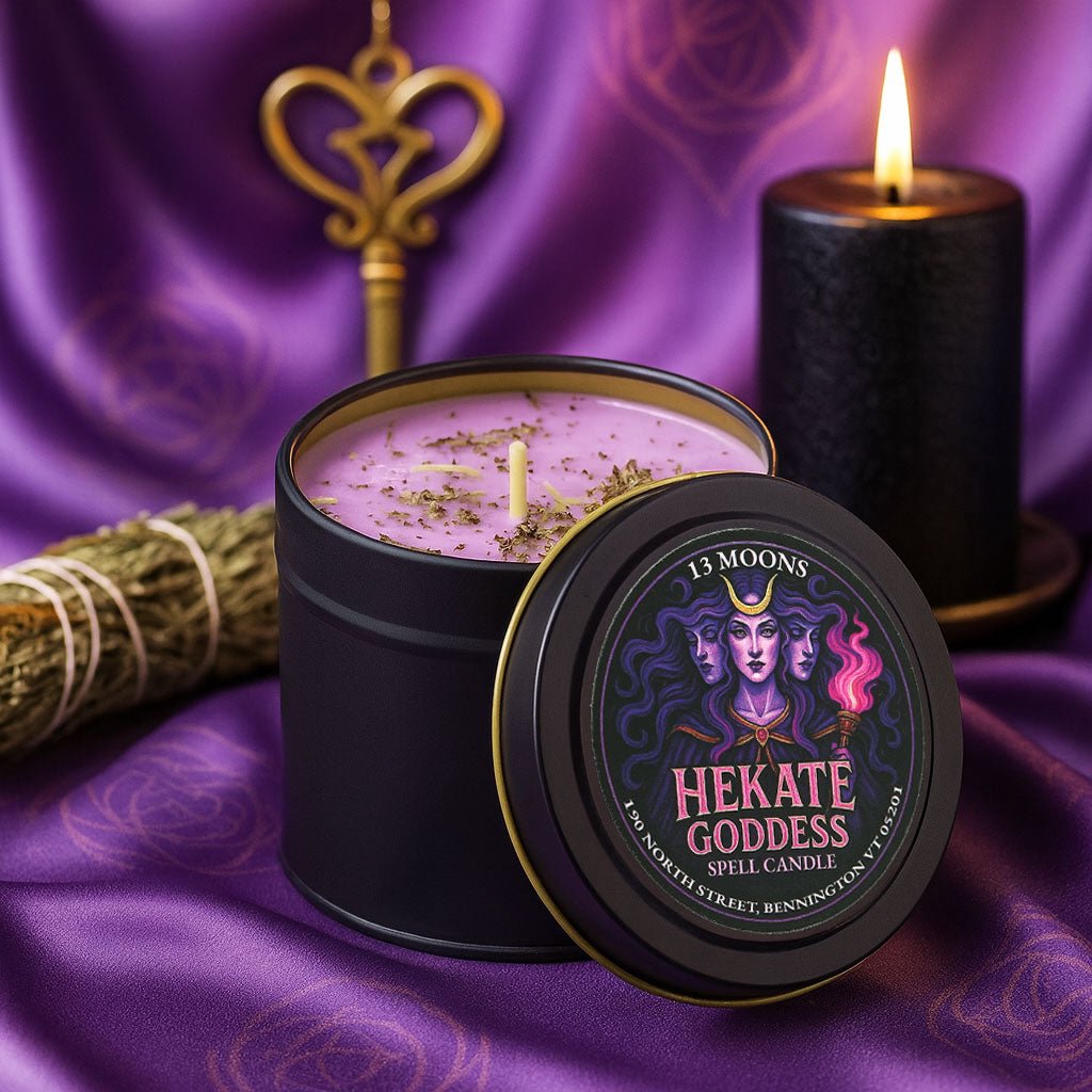 Hekate Goddess spell candle in a black tin with a lit candle and smudge stick on a purple fabric background.