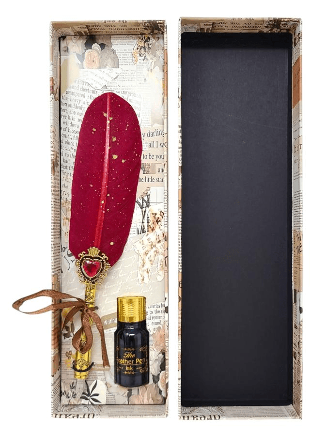 Feather Quill Pen Dip Set Style 25 with red feather quill and ink bottle in decorative gift box