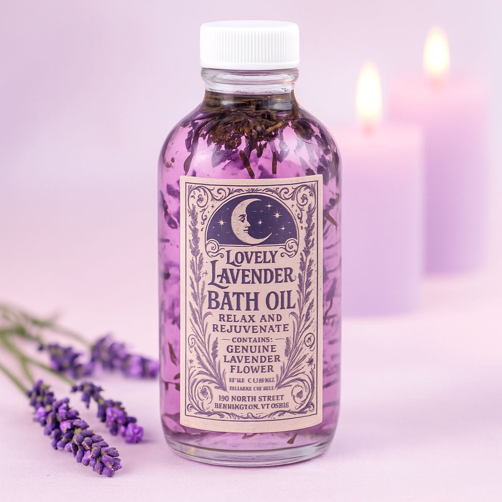 Bottle of Lovely Lavender Bath Oil with lavender flowers and candles in the background