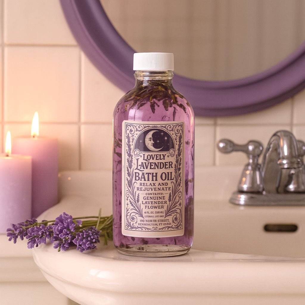 Bottle of lavender bath oil on a bathroom counter with candles and lavender flowers.