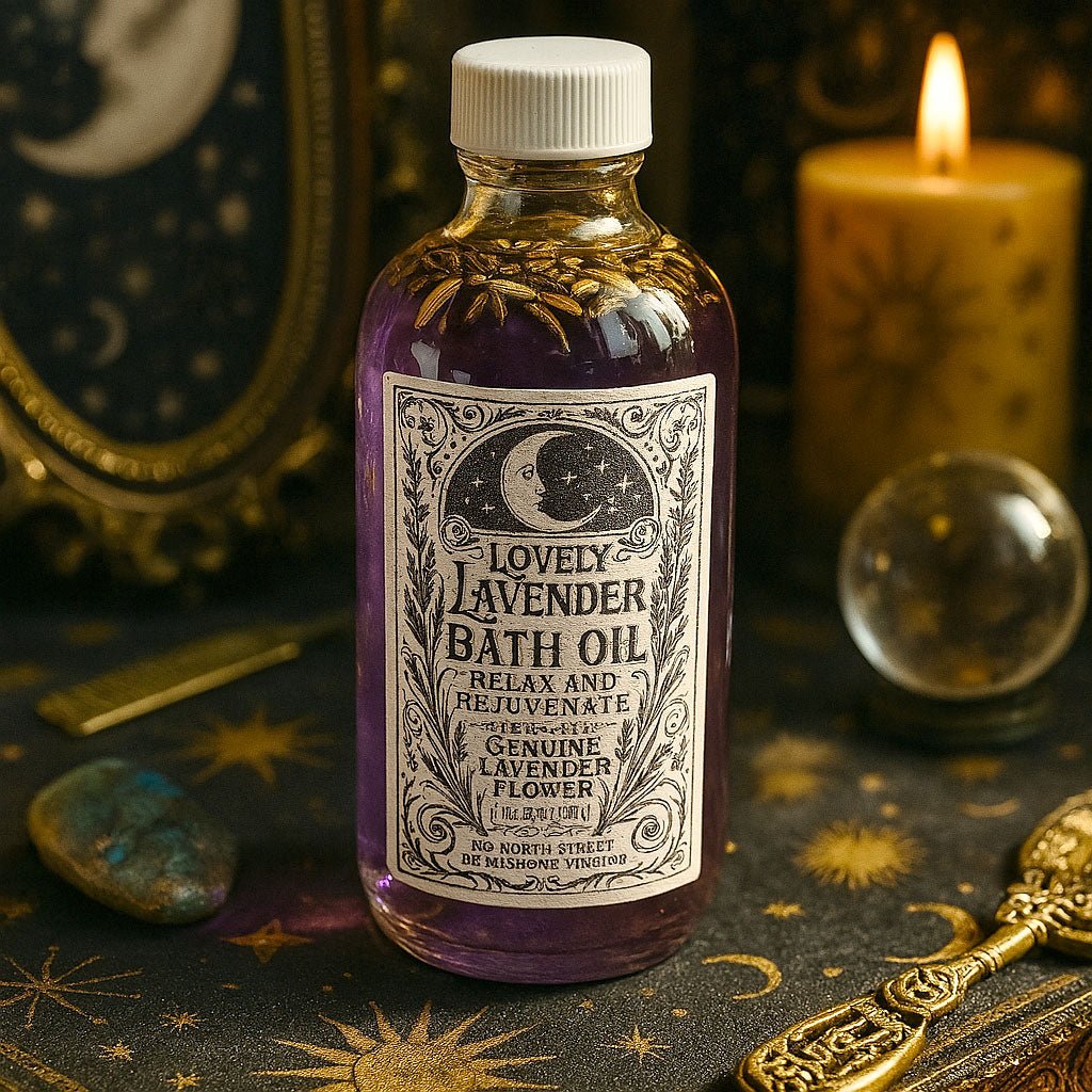 Bottle of lavender bath oil with a decorative label on a mystical background.