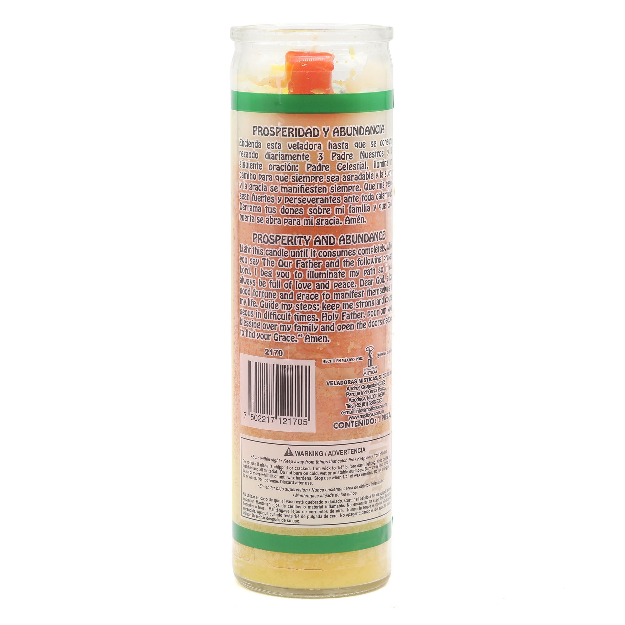 Candle packaging with text and a green label on a white background