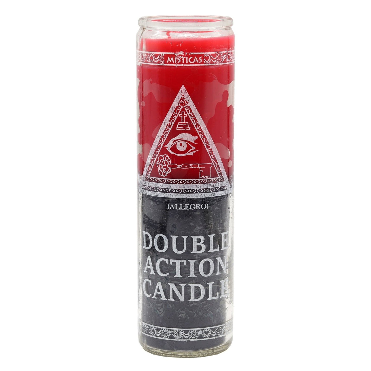 Red candle with a white triangle and eye symbol on a white background