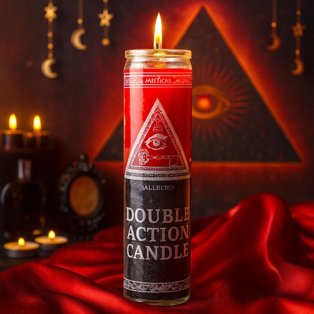 Red candle with black label featuring an eye symbol on a red fabric background.