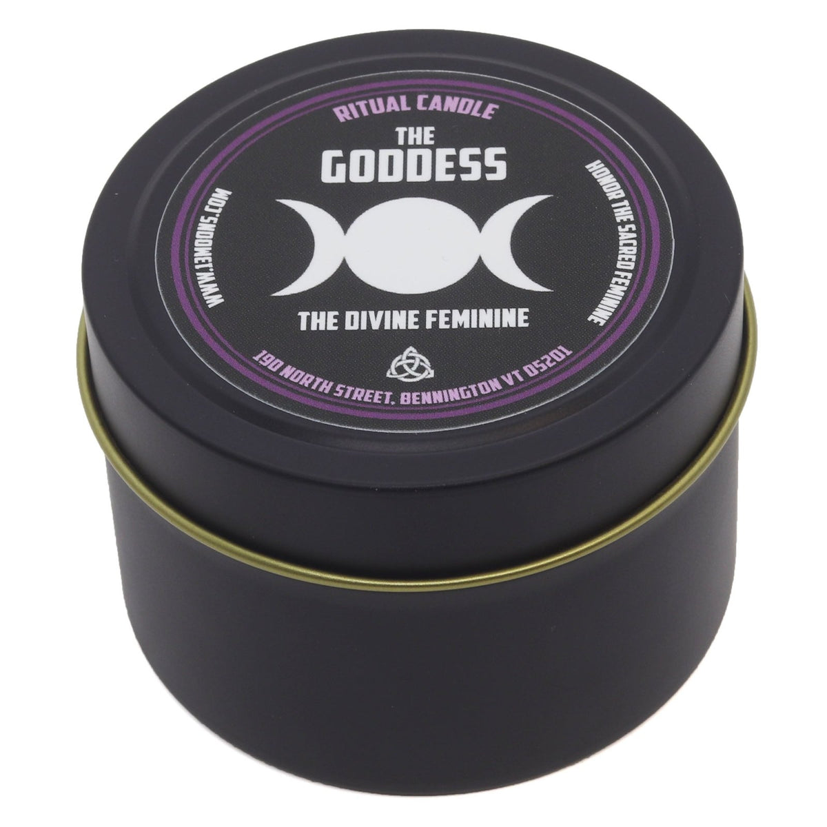 Black candle tin with 'The Goddess' label featuring a triple moon symbol on a white background.
