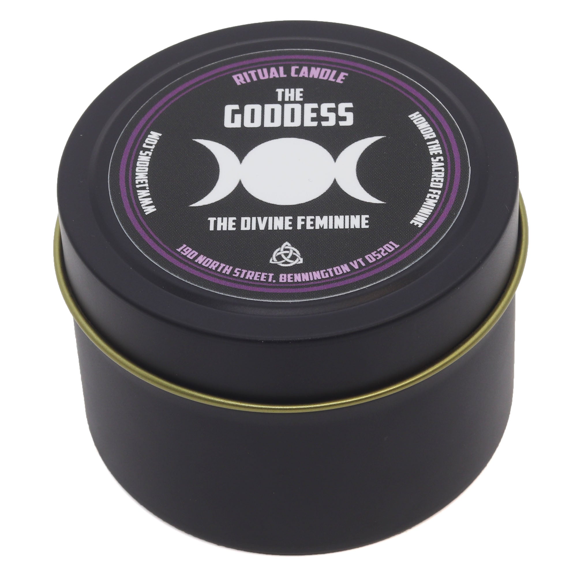 Black candle tin with 'The Goddess' label featuring a triple moon symbol on a white background.