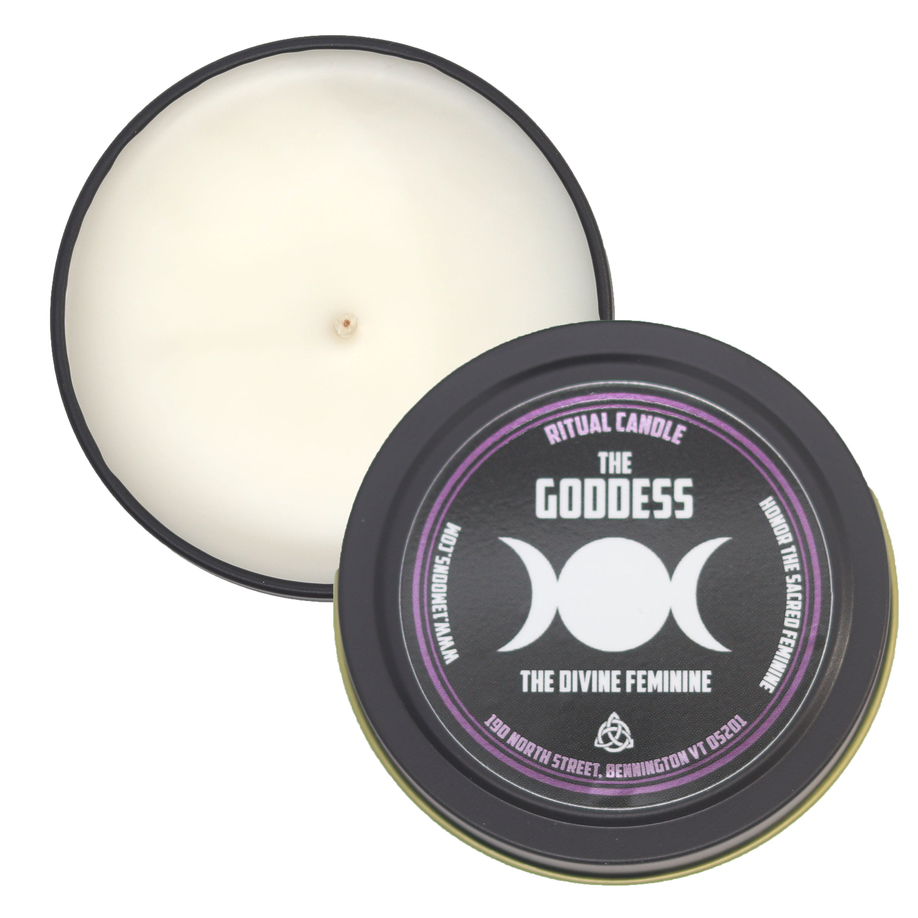 Candle with 'The Goddess' label on a white background