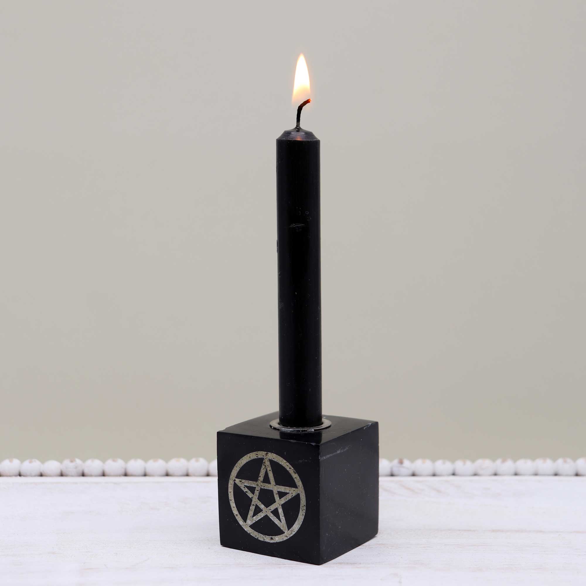 Black Onyx with Pyrite Engraved Pentacle Candle Holder - 13 Moons