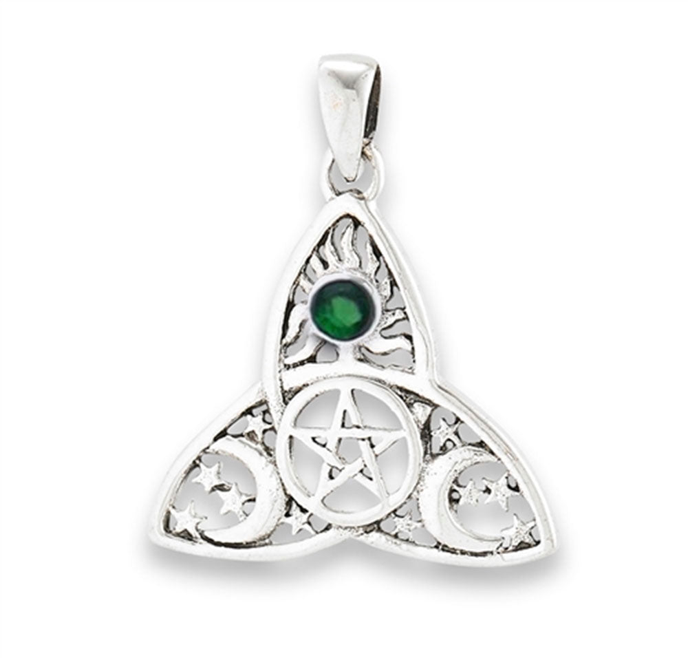 Celtic Triquetra Celestial Pentacle Pendant with Emerald - 13 Moons