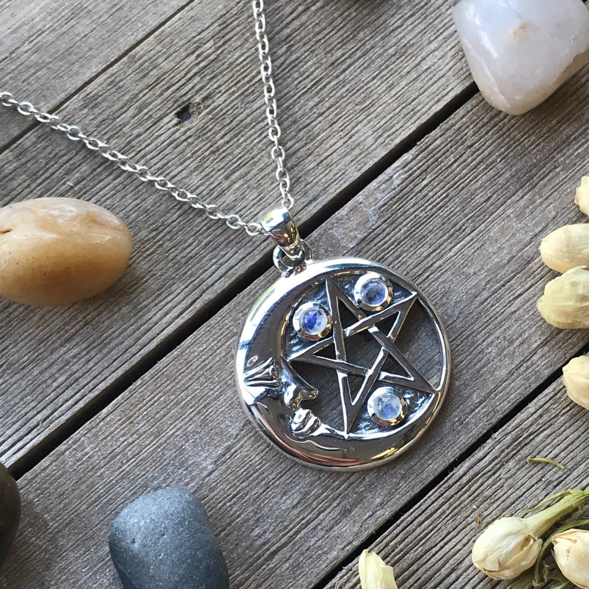 Crescent Moon Pentacle Pendant - Rainbow Moonstone - 13 Moons