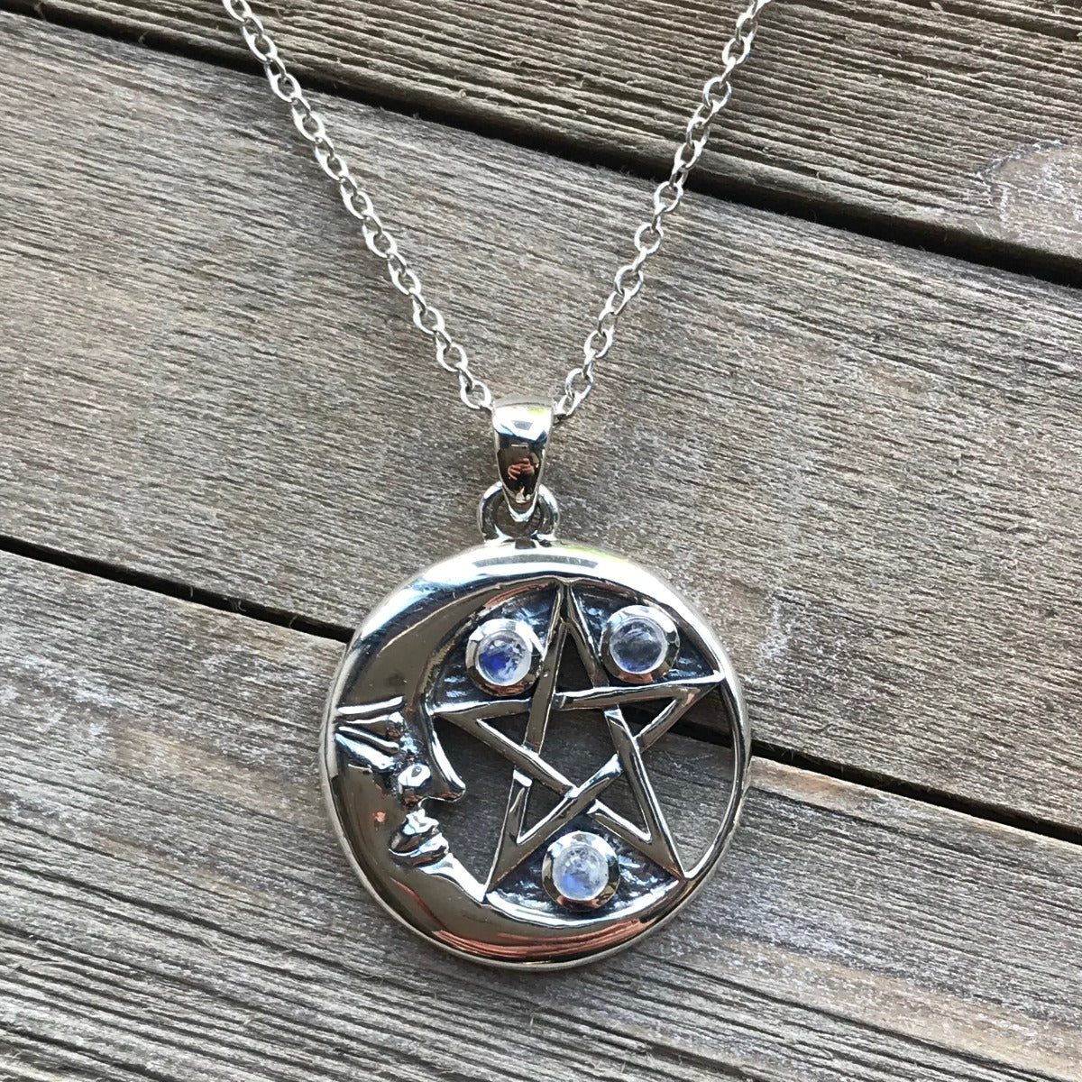 Crescent Moon Pentacle Pendant - Rainbow Moonstone - 13 Moons