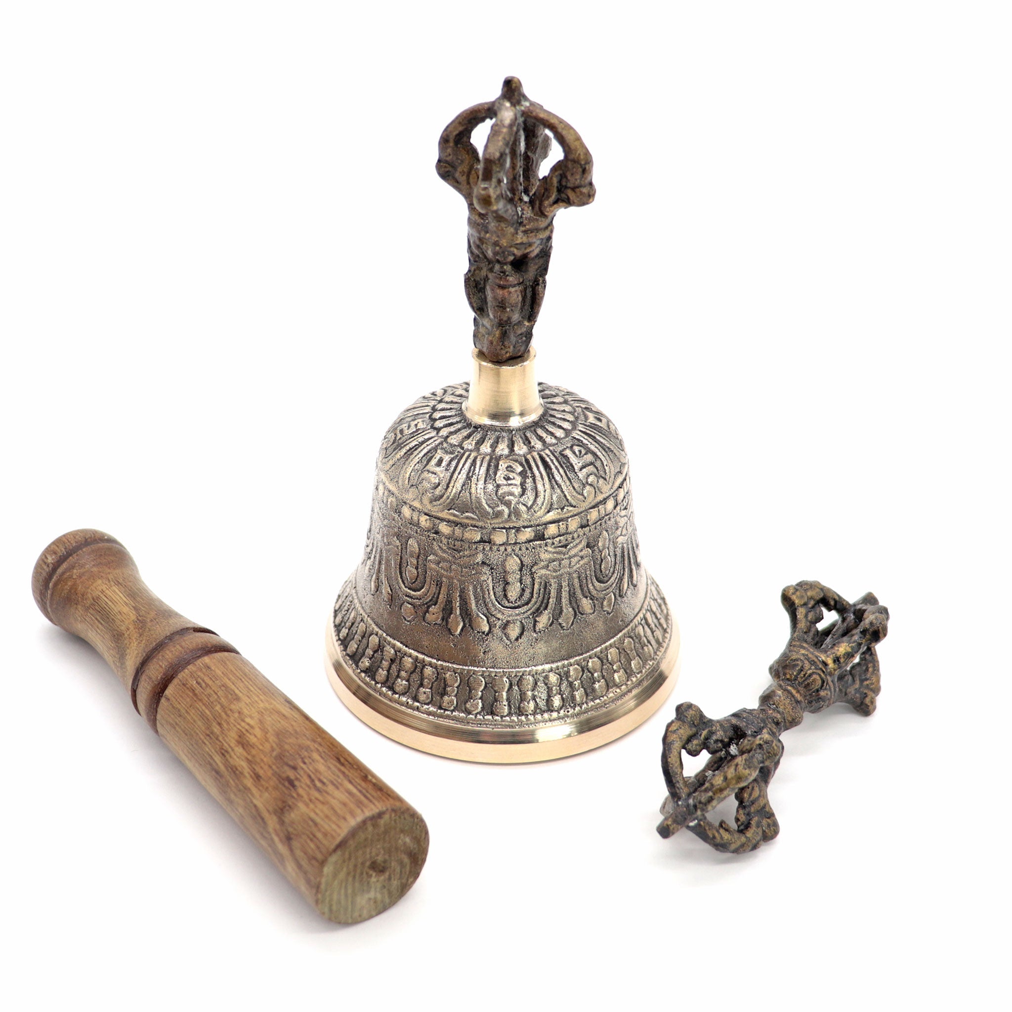 Tibetan Hand Bell with Dorje and Wood Striker - 13 Moons